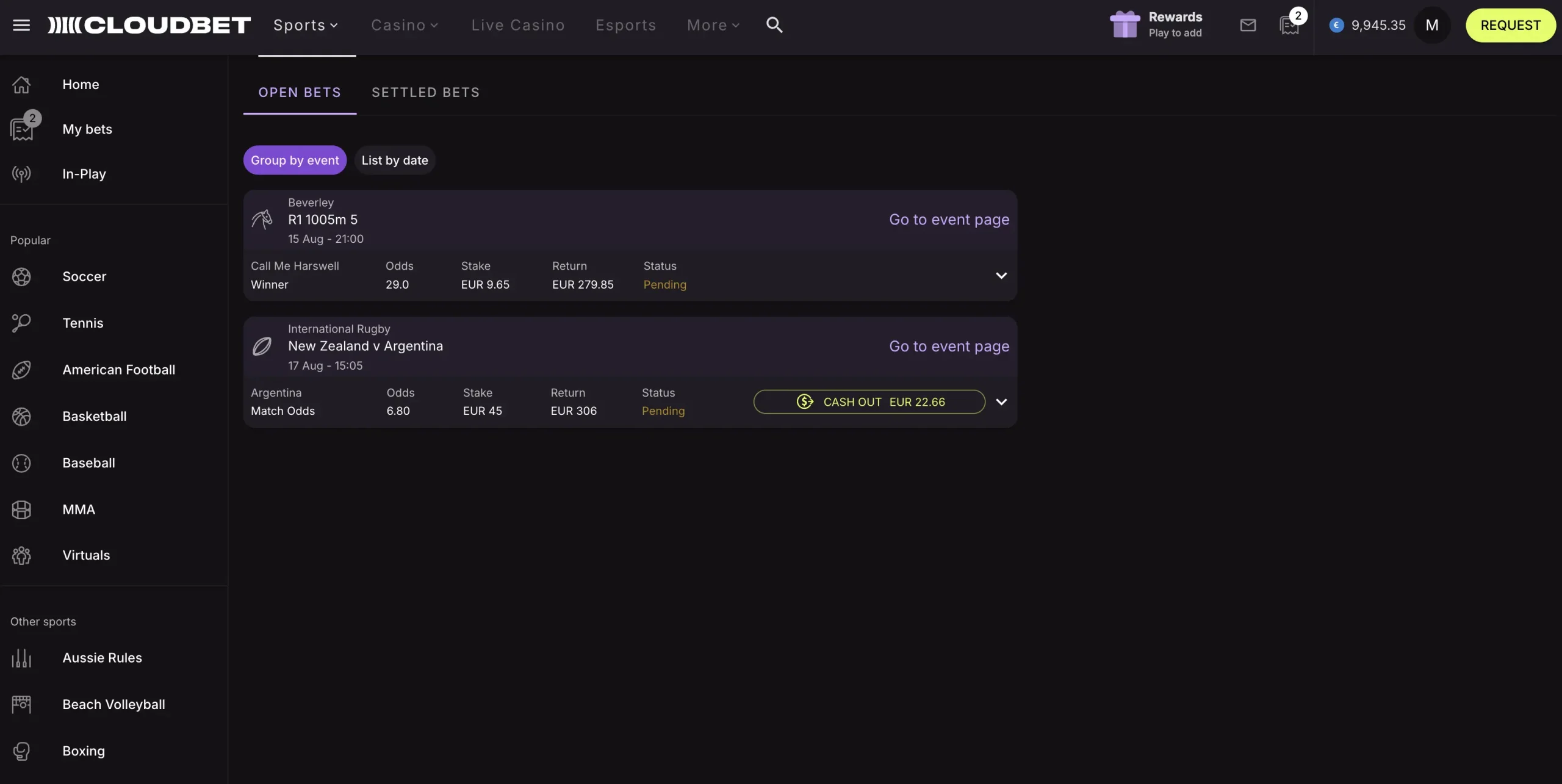 Sports_Open bets_desktop cloudbet open bets